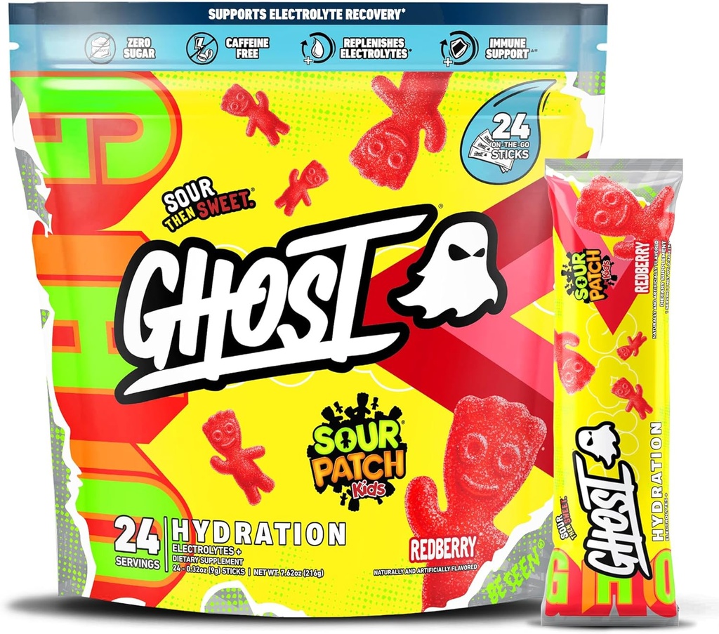Gair hydrotion Packets, Sour Patch Kids Redberry, 24 Sticks, אבקת אלקטרוליט - שתו לערבב תוספת עם Magnesium, Potassium, Calcium, ויטמין C - טבעוני, חינם של Soy, סוכר וגלוט