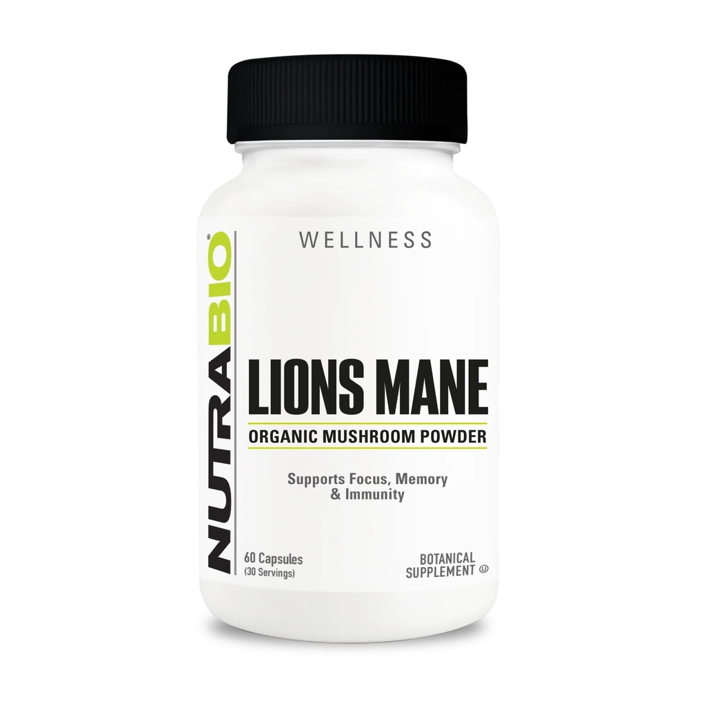 NutraBio Lions Mane תוספי קפסולות - אבקת Mane Mushroom של אריה אורגני (500 מ"ג)- Focus, Memory, Immunity - 60 קפסולות ירקות
