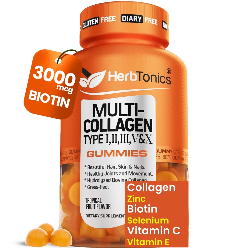 Herbtonics Multi Collagen Gummies עם biotin & ויטמין C, hydrolyzed Collagen Peptides סוגים I, II, III, V, X עבור שיער, עור, ציפורניים ותמיכה העצם - פלאפור טרופי, 60 מסטיקנים