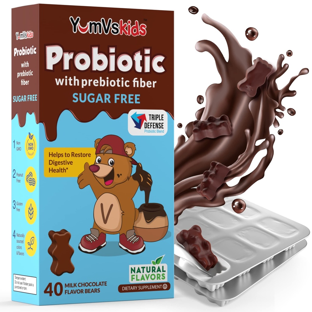 YumVs Probiotics לילדים עם תוספי שוקולד פרימיום סוכר חינם Chewable - תוספי תזונה תוספת מזון עבור בריאות העיכול - טוילרים, ילדים ומתבגרים 60 הרוזן