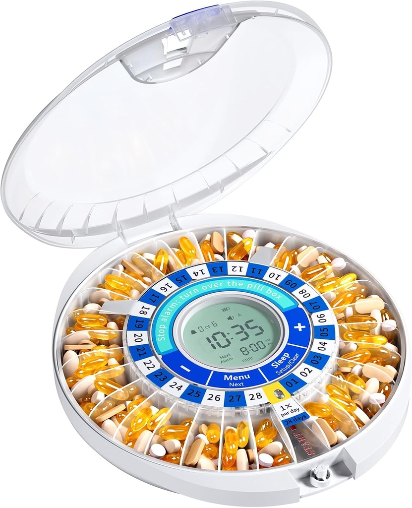 Daviky Automatic Pill Dispenser עבור Elderly עם אזעקה, 28 ימים אלקטרונית Locked Pill Box, Sound & Light מזכירים עבור תרופות, ויטמינים ותוספים (כחול)
