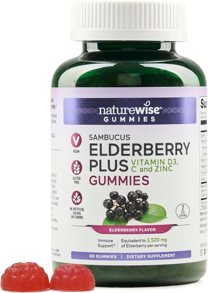 NatureWise Sambucus Elderberry Gummies - Immune Support תוסף לילדים בגילאים 4 ומבוגרים עם ויטמין C, D3, Zinc - Elderberries Equivalent to 3520 מ"ג - טבעוני, non-GMO - ספירה 60[30 יום אספקה]