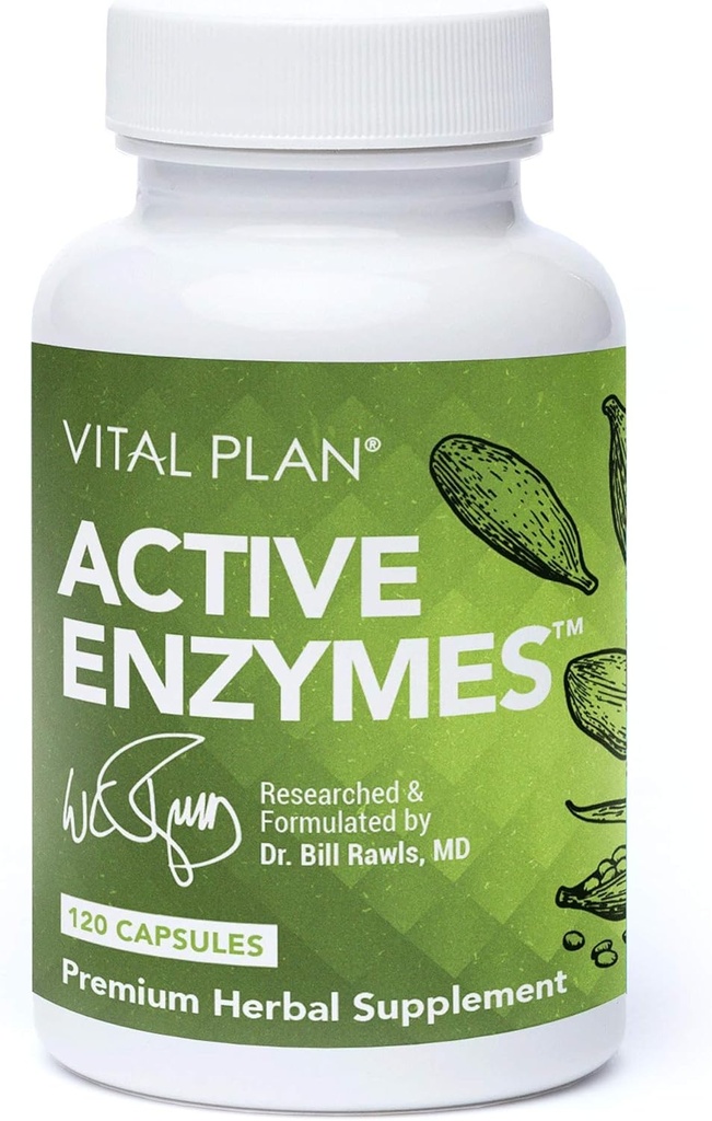 Vital Plan Active Enzymes תוסף על ידי ד"ר ביל רולס - Enzymes for Gut Health & Digestion - Protease, Bromelain, Lactase, Amylase & Lipase (120 קפסולות)