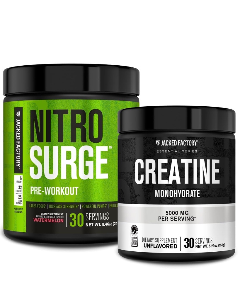 Jacked Factory NITROSURGE Pre-Workout Supplement - Intense Pumps (30 Servings, Watermelon) & Creatine Monohydrate Powder for Muscle Growth (30 Servings, Unflavored)