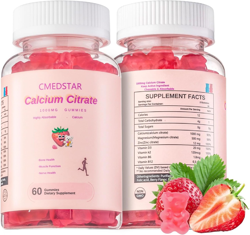 Chewable Calcium Citrate Gummies 1000 מ"ג עם ויטמין D3 & K2, B6 & B12, Magnesium, Zinc for Bones, השרירים & Joints, Immunity & Memory Support, Sugar-Free, Gluten Free, Vegetarian, Strawberry, 60 הרוזן