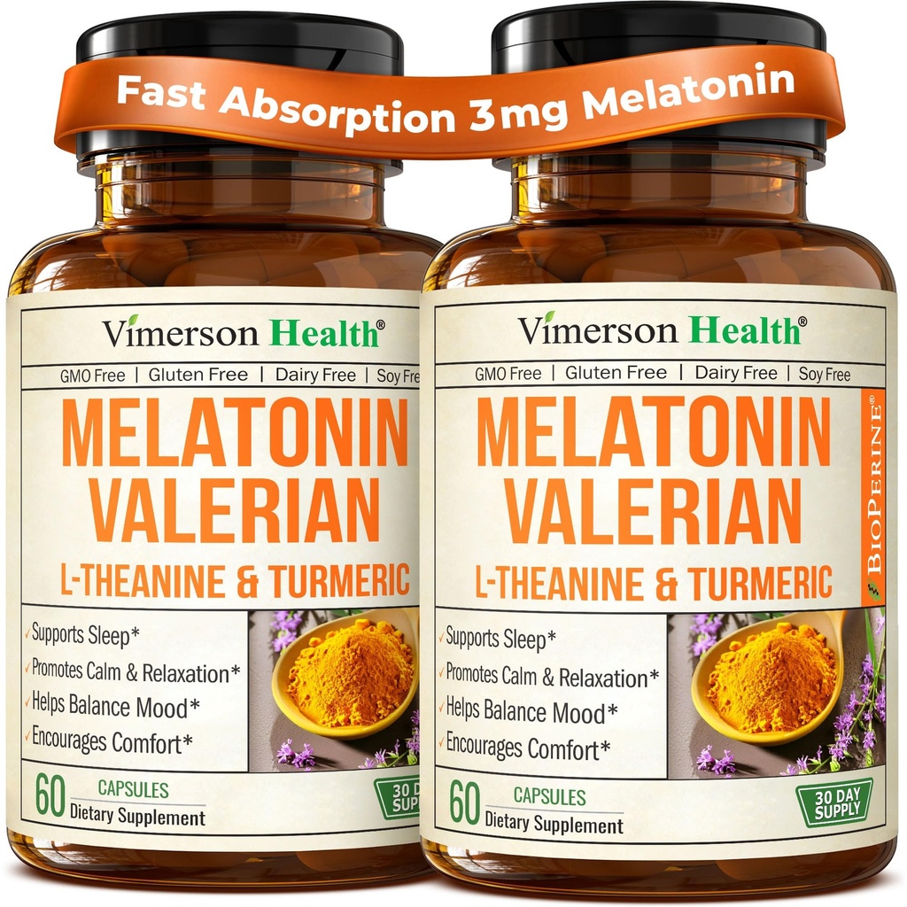 Melatonin Sleep Aid with L Theanine & Valan Root - תוסף Turmeric - Turmeric Curcumin עם ג'ינג'ר & Black Pepper - L-theanine & Melatonin 3mg for Sleep, Calm and Stress Relief - 2 Pack