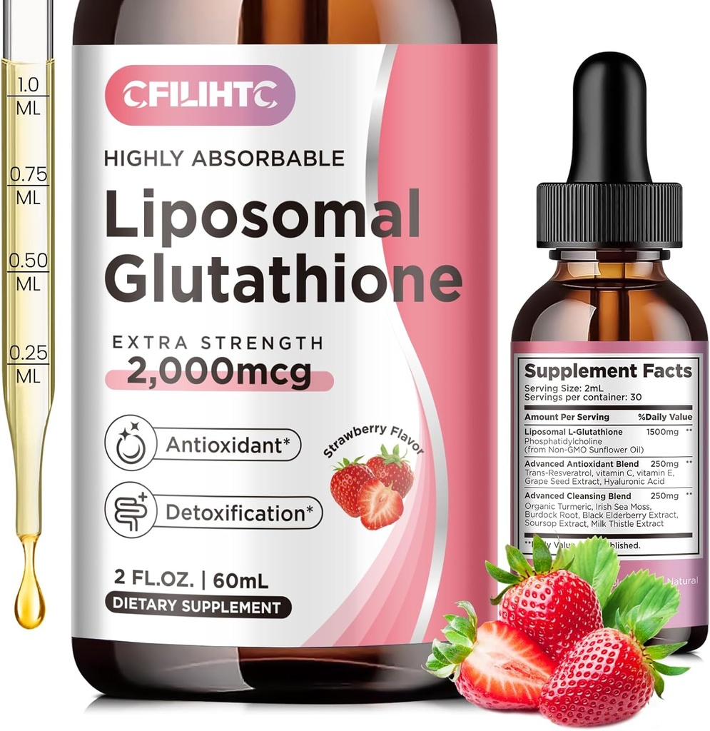 Liposomal Glutathione נוזלי טיפות, Glutathione נוזל תוספת, Active Form L- Glutathione, עם ויטמין C, Liver Detox, Antioxidant for Anti-Aging, Immune & ניקוי, Strawberry Flavor, 2.OZ