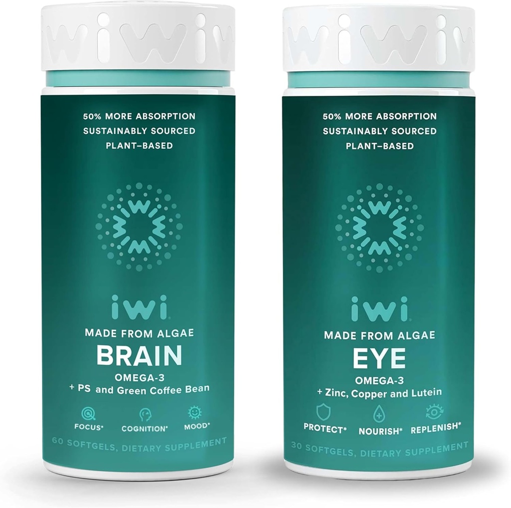 Iwi Life Brain & Eye אומגה 3 Bundle, 30 משרתים, טבעוני צמחי מבוסס אלגה אומגה 3 עם EPA + DHA, קריל & Fish שמן אלטרנטיבי, No Fishy Aftertaste