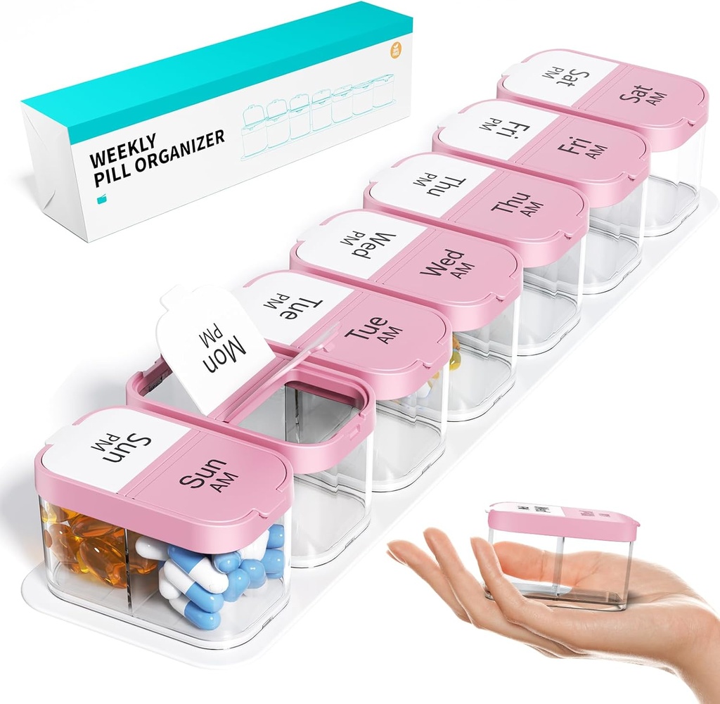 Odaro אקסטרה גדול כדור שבועי מארגנת 2 פעמים ביום, Pill Box 7 Day Am Pm to Hold Daily Medicine ותוספים - Pink Pink