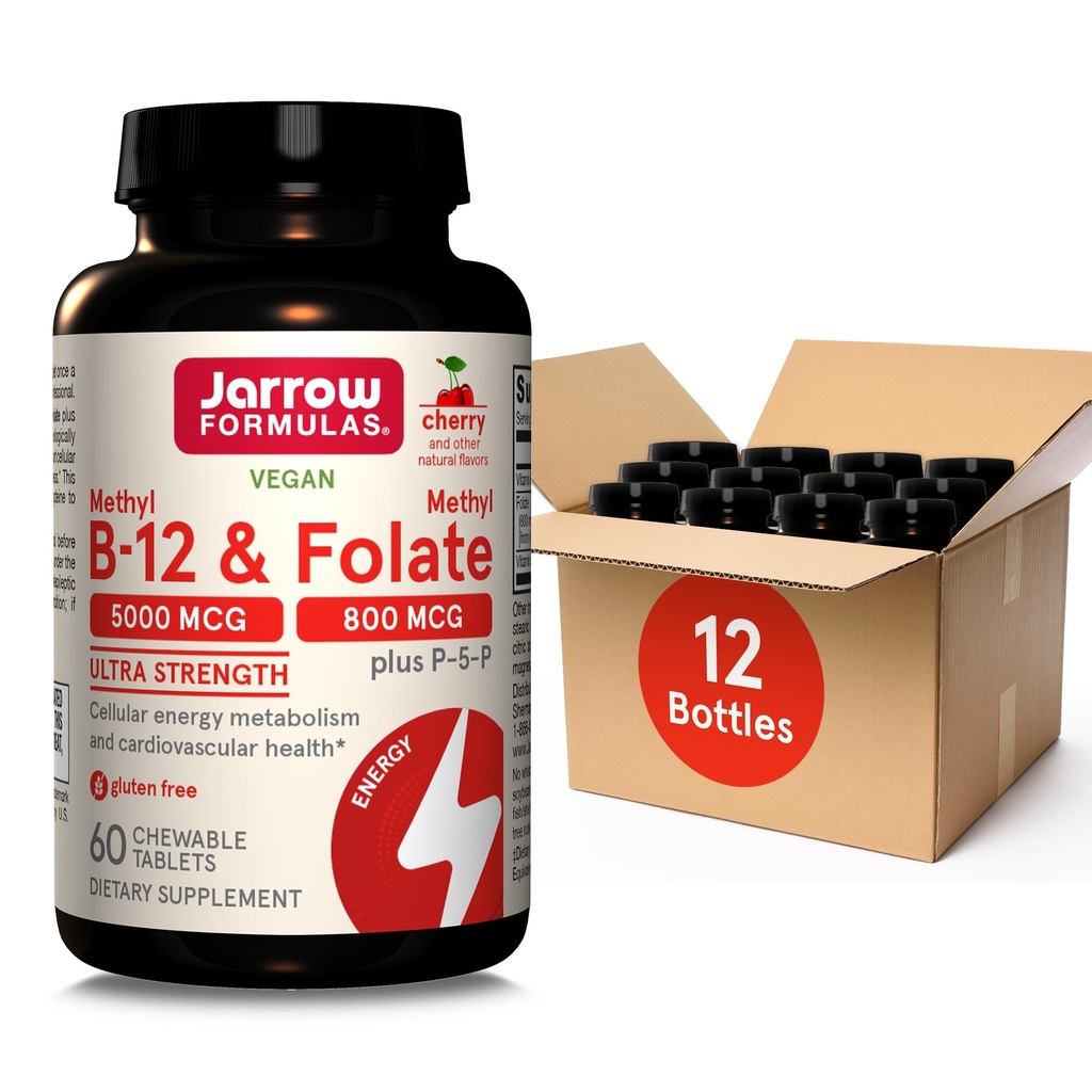 Jarrow Formulas Ultra Power Methyl B-12 5000 mcg & Methyl Folate 800 mcg + P-5-P, תוספת של אנרגיה מטאבוליזם ותמיכה קרדיווסקולרית, 60 טבליות צ'ילינדרים, 60 יום אספקה, 12 חבילות
