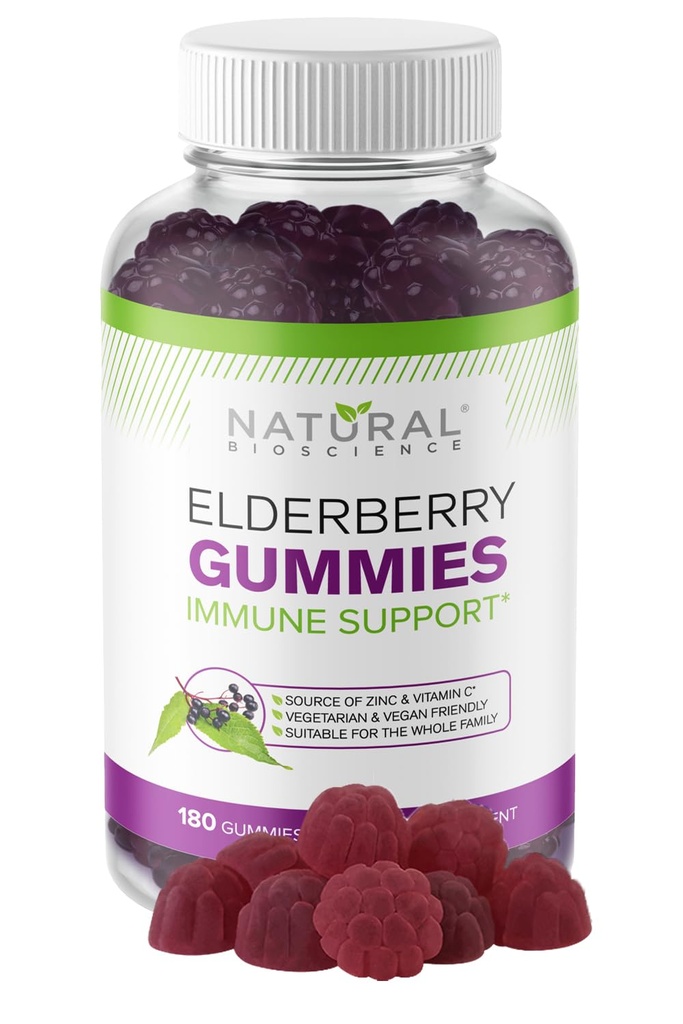מדעי הטבע Sambucus Elderberry חניכיים עם ויטמין C & Zinc, Immune Support for Adults & Kids, Daily Antioxidant & Vi Boost, 180 טבעוני, Gluten-Free, Chewable Elderberrymies