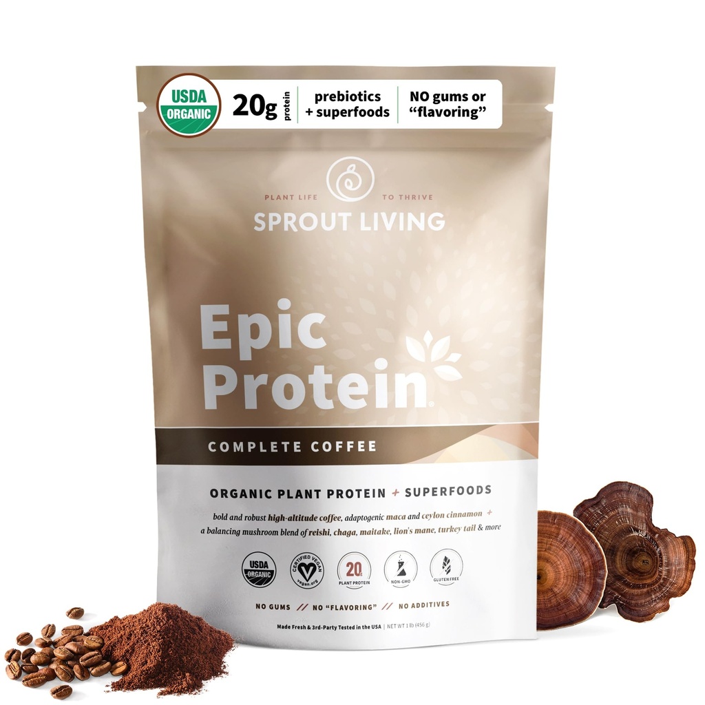 Sprout Living, Epic Protein, Plant Based חלבונים & Superfoods אבקת, קפה שלם | 20 אבקת חלבון אורגני דקדוק, הסתגלות, Mushrooms, טבעוני, Non-GMO, Gluten Free (1 פאונד, 12 משרתים)