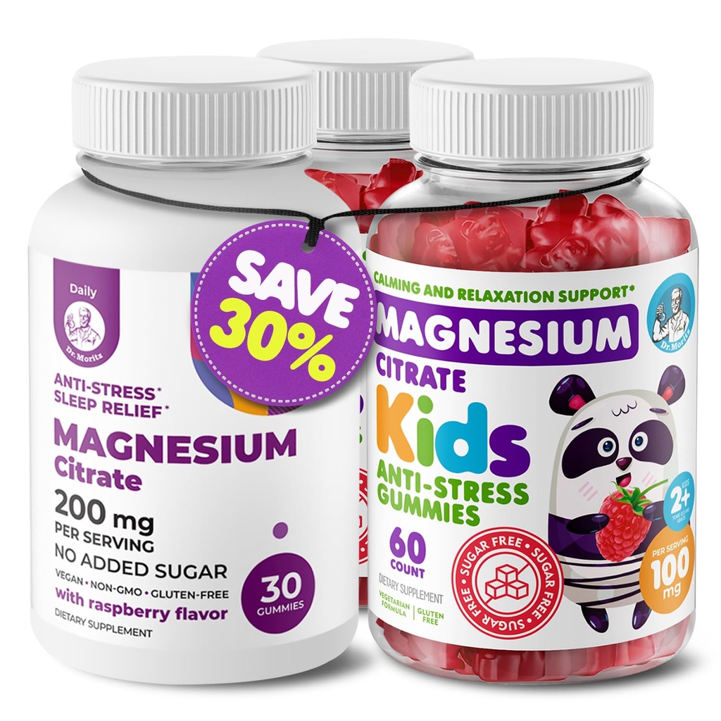DR. MORITZ Magnesium Bundle - חניכיים למבוגרים (200 מ"ג, 30 Count) וילדים Magnesium Gummies (60 Count, 2 Pack)