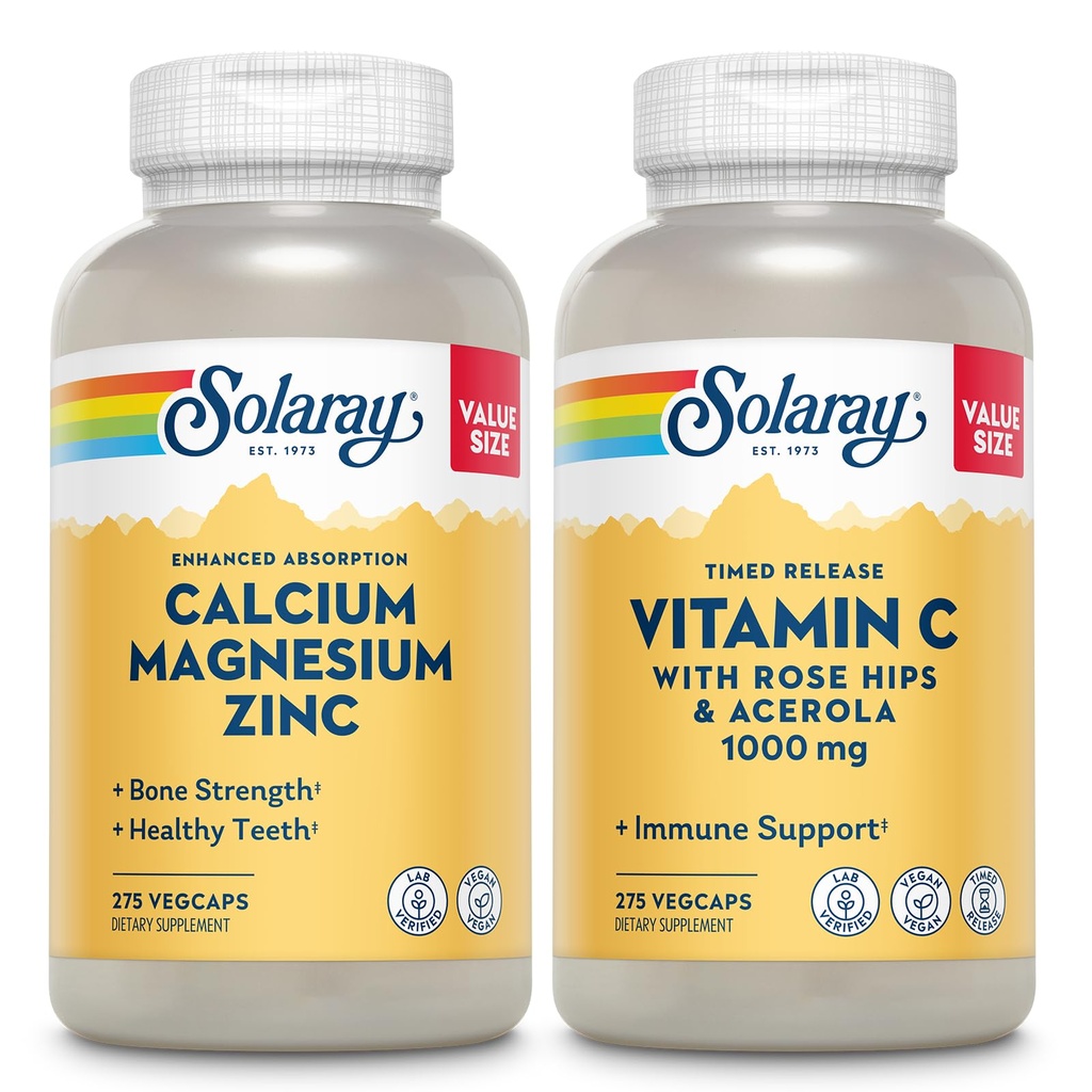 SOLAרי Calcium Magnesium Zinc ו- Timed לשחרר ויטמין C - בריאות העצם, Immune Support Bundle, 1000 מ"ג Calcium, 500 מ"ג מגנזיום, 1000 מ"ג ויטמין C, תוספת טבעונית, 60 ימים ערבות, 275 VegCaps כל אחד, 275 VegCaps כל אחד
