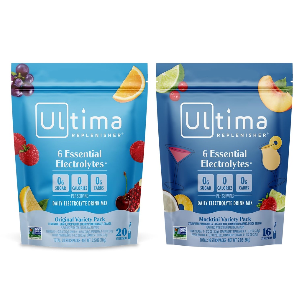 Ultima Replenisher Daily Electrolyte אבקת לשתות Mix - סוכר חינם - Mocktini Variety ו Variety מקורי, 36 Stickpacks - hydrotion Packets עם 6 אלקטרוליטים ומינרלים - Keto, non-GMO