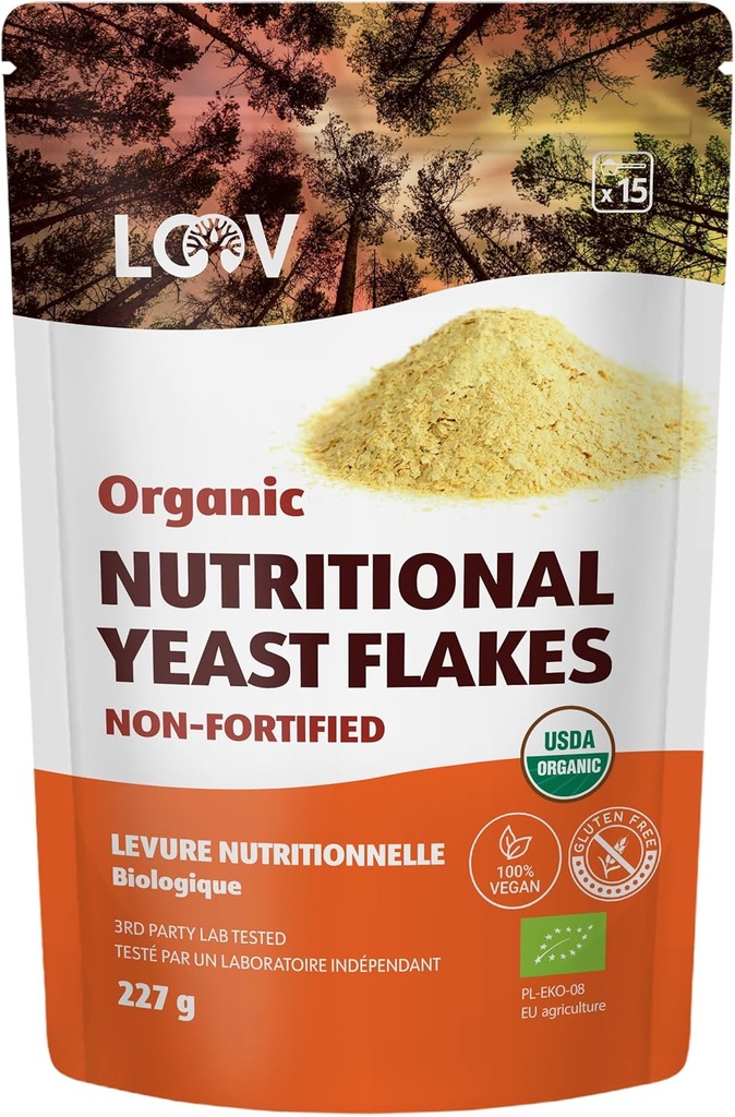 LOOV אורגני non-Fortified Nutritional Yeast Flakes - טבעוני, Gluten Free, non-GMO Unfortified Nooch - מקור טוב של Natural B-Vitamins - No added Salt or Sugar - Resealable Bag, 8 Ounces (227 גרמים)