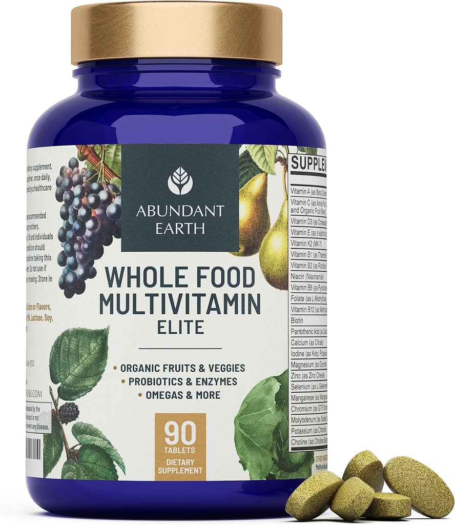 Abundant Earth Whole Food Multivitamin for Women Daily Multi Vitamins Supplements for Men Mens Multivitamins + B Complex, Probiotic Multi Enzyme, Omegas for Organic Energy Mood Digestion 90ct-4pk