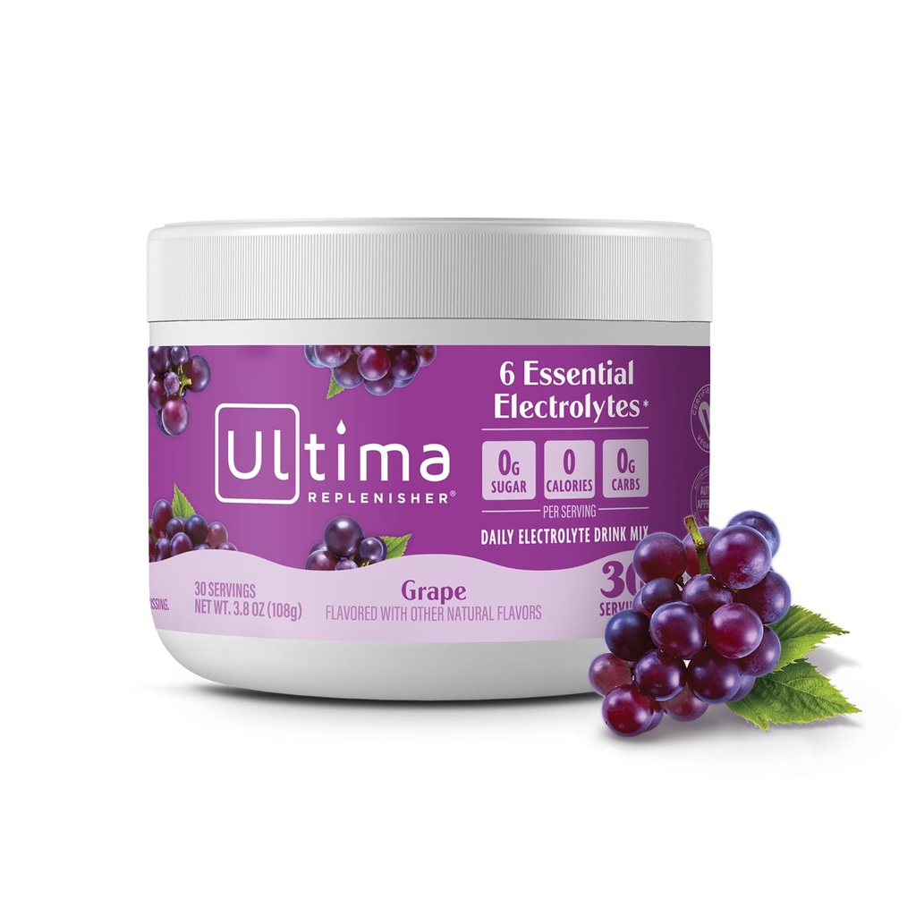 Ultima Replenisher Daily Electrolyte אבקת משקאות Mix - סוכר חינם - Grape, 30 משרתים - אבקת הידרה עם 6 Key אלקטרוליטים ו- Trace מינרלים - Keto Friendly, טבעוני, non-GMO