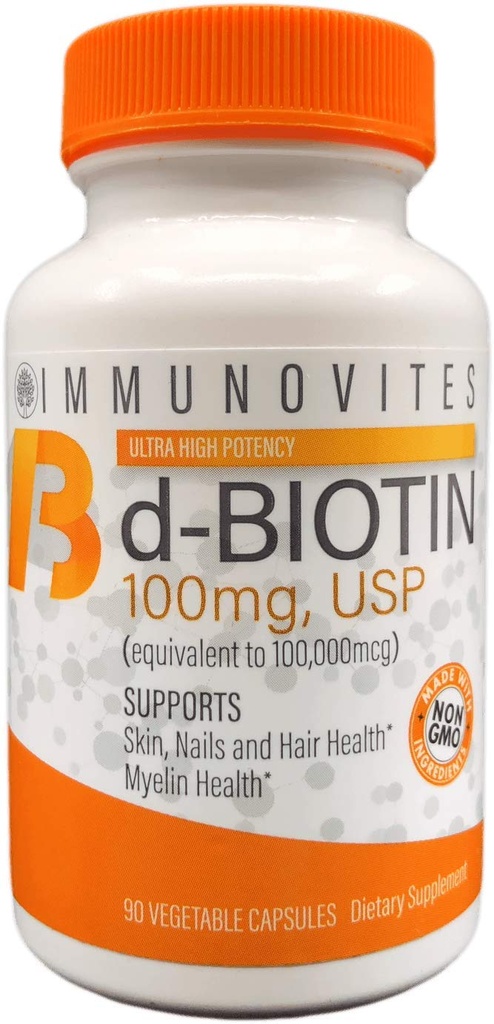 IMMUNOVITES High Dose Biotin (כמו d-Biotin, USP) 100 מ"ג (שווה ערך ל-100,000 מ"ג) 90 קפסולות, רגישות גבוהה