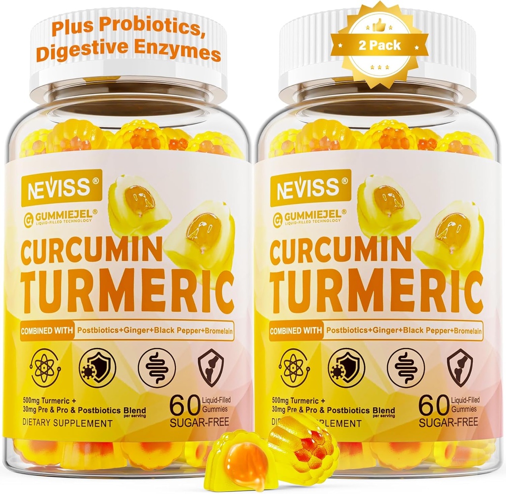 סוכר חינם Turmeric Curcumin מלא חניכיים 550 מ"ג למבוגרים, ג'ינג'ר & Black Pepper | 95% Curcuminoids w/Prebiotic Probiotic & Postbiotic בלנדר, תמיכה, Immune & Digestive Health, 2Pack