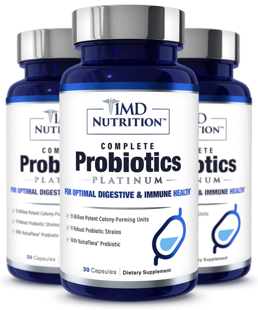 1MD Probiotics פלטינום | תמיכה בבריאות העיכול | עם Nourishing Prebiotics, 51 מיליארד Live CFU, 11 סטרינס, חלב חינם | 30 קפסולות ירקות (3-Pack)