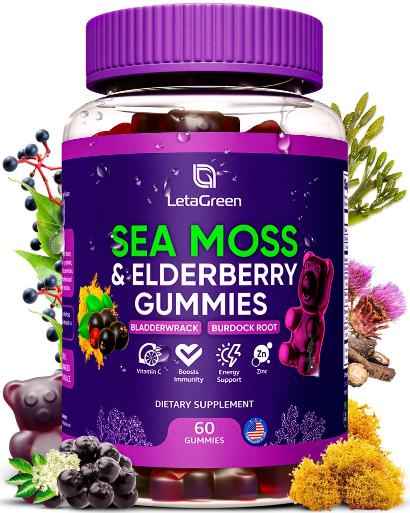 Irish Sea Mossss Gummies - Bladderwrack Burdock Root Elderberry ויטמין C & Zinc - 60 sungs Gummy Bears for Adults Kids Men - ויטמינים מבוגרים