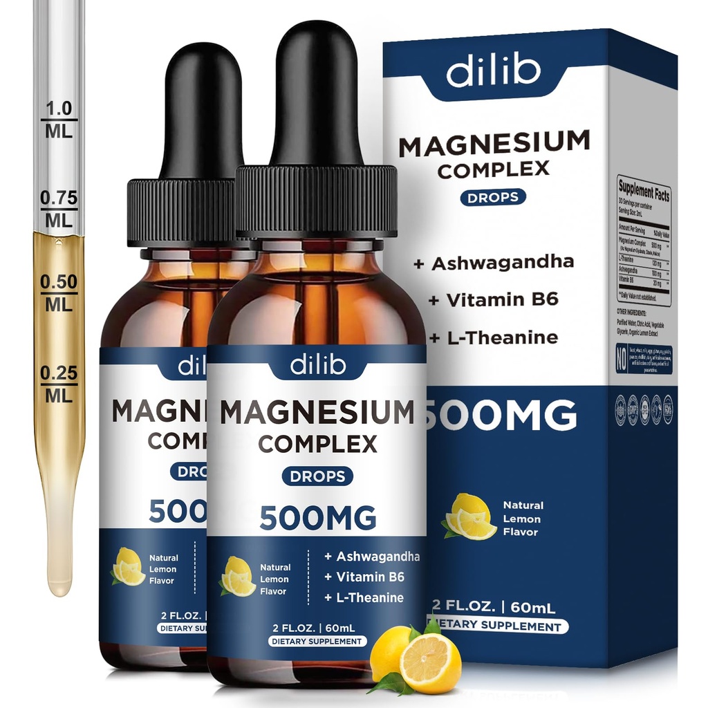 (2 Pack) Magnesium Glycinate, Citrate, Malate Liquid Drops-Triple Magnesium Complex Supplement 500mg with Ashwagandha, L-Theanine, Vitamin B6-Support Calm, Stress Relief, Sleep, Muscle-Lemon Flavor