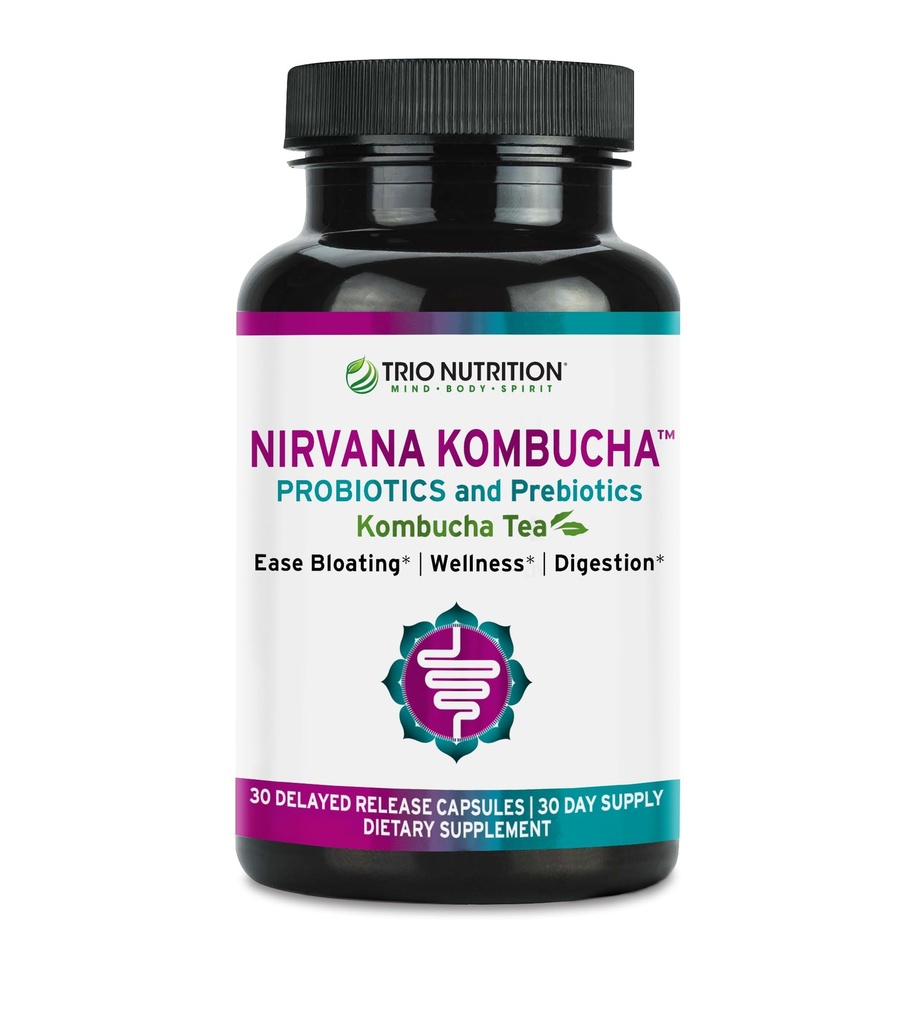 TRIO NUTRITION נירוונה Kombucha - Multi-Strain Probiotics & Prebiotic עם תה אורגני - דליש-Release קפסולות לבריאות העיכול & Immune - Bloating Relief - Natural pH Balance