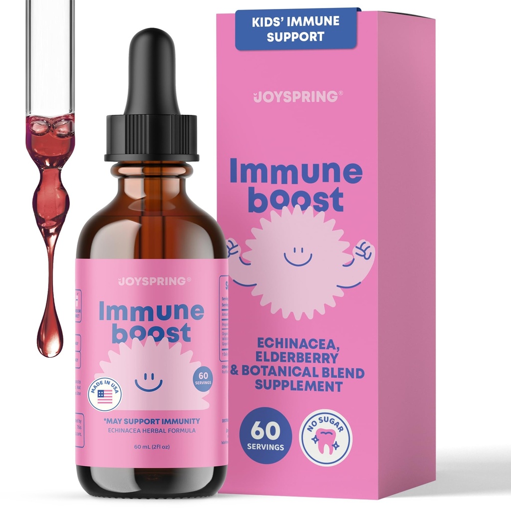 JoySpring Immune Drops - Kids Immune Supportנוזל תוספת (2 fl oz) - Echinacea, Elderberry, אורגון Grape Root, Orange Peel, ויטמין A, B6, C - מערכת תמיכה טבעית לילדים ומבוגרים