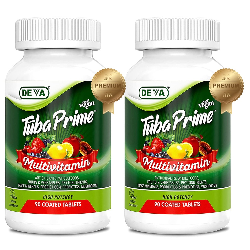 DEVA Tuba Prime Vegan Multivitamin High-Potency ויטמין ו-מינרל דיאטת תוספת תוספי Antioxidants, פירות ותבלינים ירקות, Super Mushrooms, Probiotics, Prebiotics, Seeds, Herbs - 90 Tabs, 2Packs, 2Pack, 2Pack, 2Pack, 2Pack, 2Pack