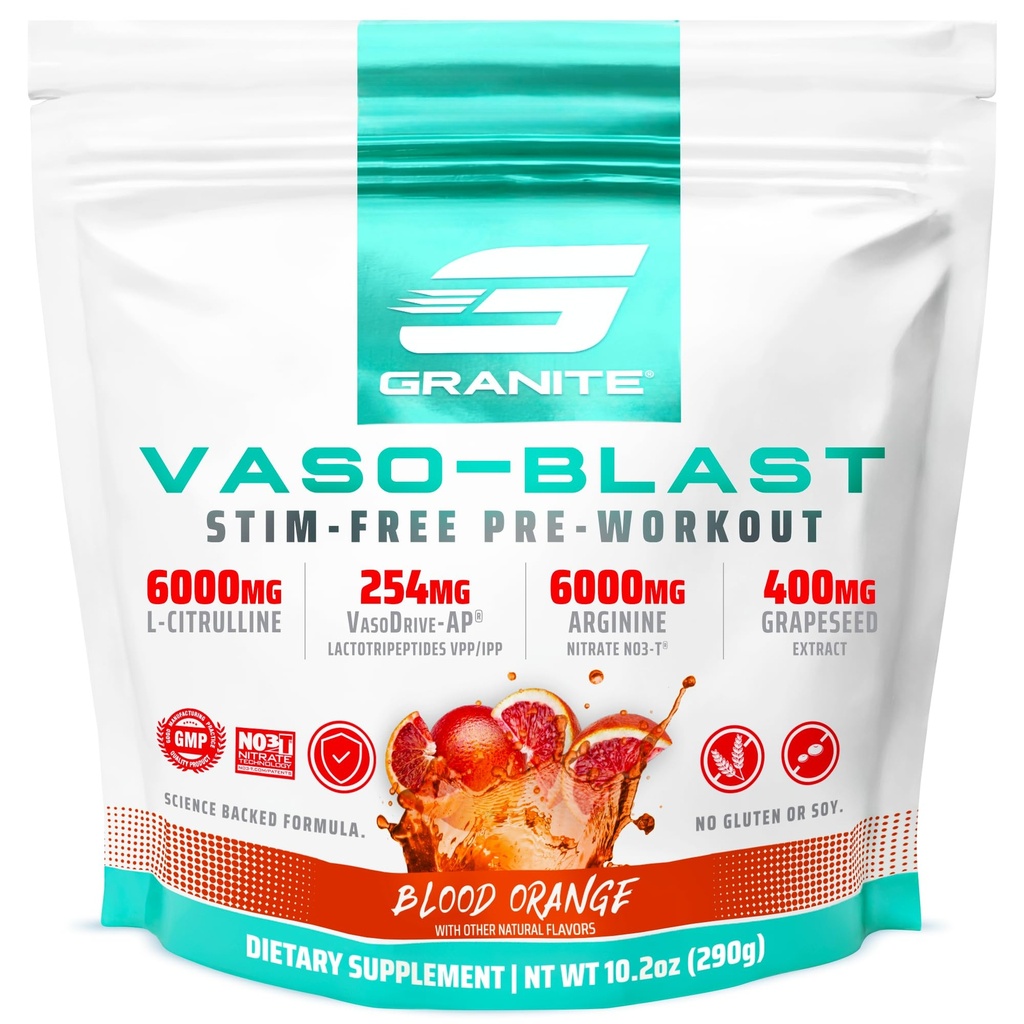 Granite Nutrition &o Blast Stim-Free Pre Workout - תמיכה לא-Stim Nitric Oxide עבור משאבה, Physique, וקיבולת השרירים - Blood Orange (290g)