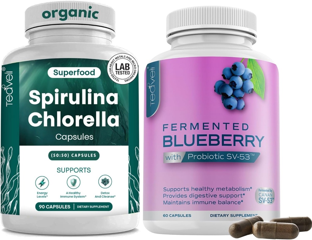 Teaveli Spirulina Chlorella ו Blueberry קפסולות