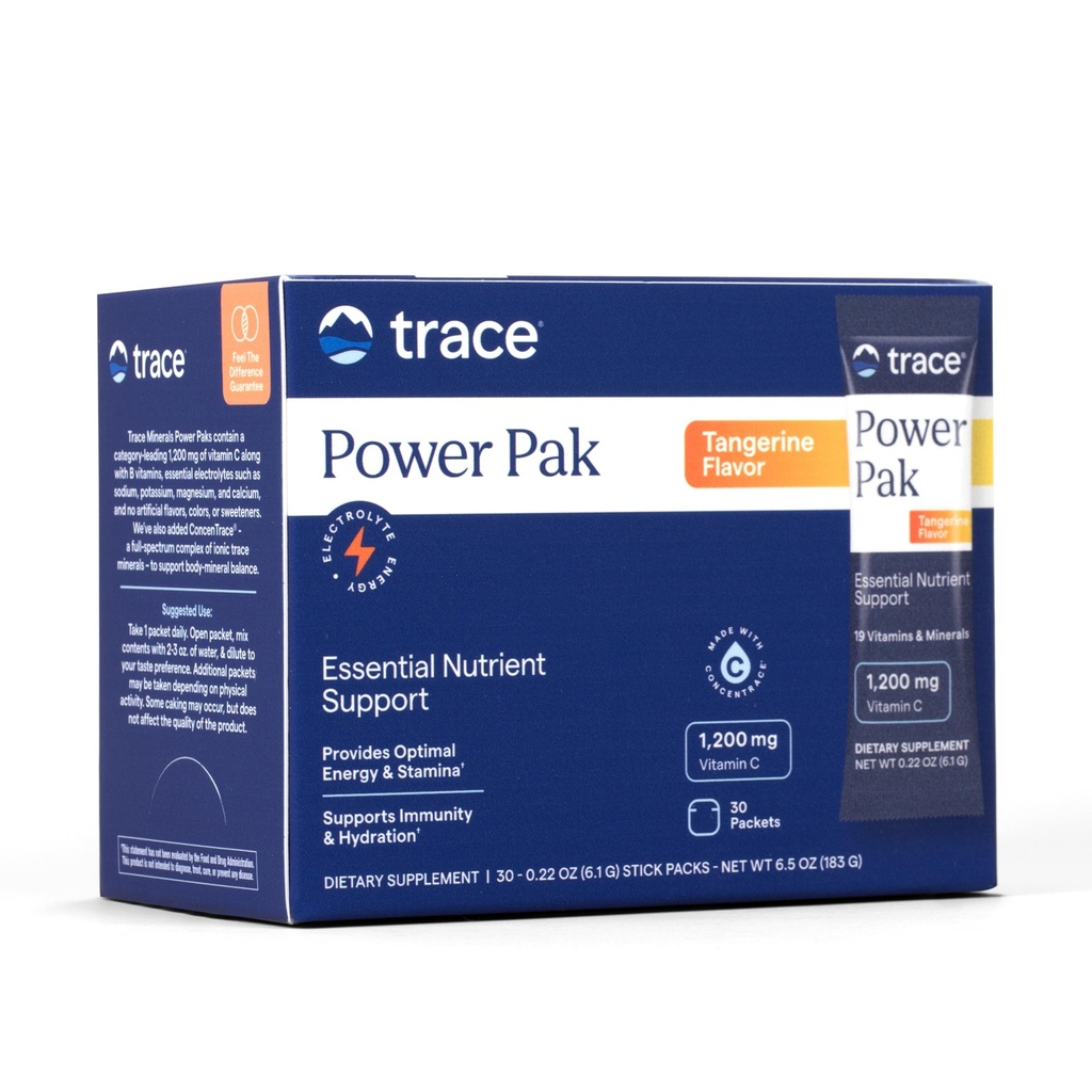 Trace מינרלים Power Pak Multivitamin ו- Multimineral Packets - תמיכה אלקטרוליטית - 1200 מ"ג ויטמין C Plus 70 Tangerine Flavor - 30 Packets