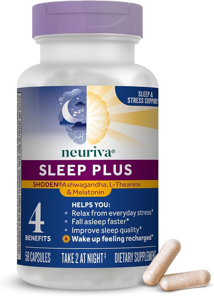 NEURIVA Sleep Plus עם 4in-1 הטבות - קלינית נבדקה Ashwagandha, L-theanine & Melatonin - להפחית מתח, Fall Asleep Faster, לשפר את איכות השינה, להתעורר מרעננים*, 58ct קפסולות