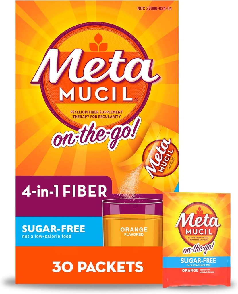 Metamucil On- The-Go, Psyllium Husk סיבים, 4in-1 סיבים לבריאות העיכול, סוכר חינם, כתום פלאמור, 30 Count x 2 Packs (60 Count Total)