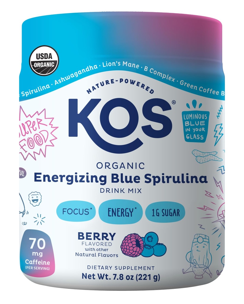 KOS Energyzing Blue Spirulina - USDA מוסמך אורגני - ויטמין B, Ashwagandha, גינזנג, הסתגלות, ביוטין - אבקת טרום עבודה טבעוני - Caffeinated, בריבדורד, 28 משרתים