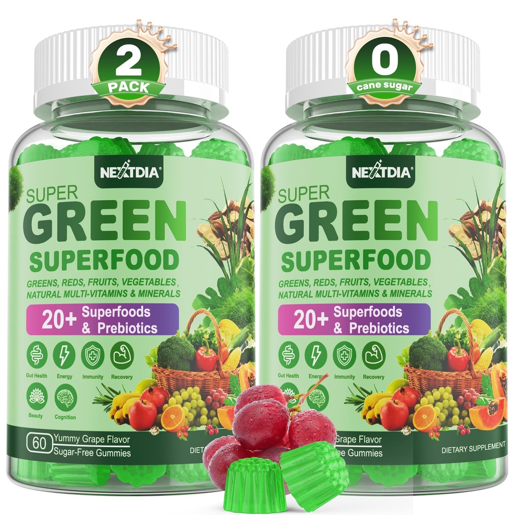Super Greens Gummies, Greens Superfood אבקת אלטרנטיבי W / Spirulina, Chlorella, Prebiotic סיבים, פרוביוטי, פירות Veggie, ירקות פירות יומית לבריאות העיכול & Gut, Immunity, Focus, 120 Ctss