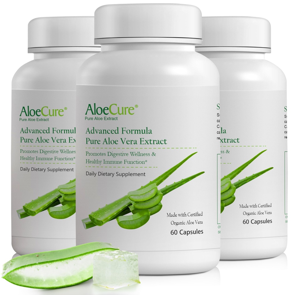 AloeCure אורגני Aloe Vera כמוסות, 160,000 מ"ג פנימי Aloe Leaf Equivalent לשרת, תמיכה Gut, Digestive ו Immune Health, מסייע לשמור על שיווי המשקל Stomach Acidity, Aloin חינם, 60Caps x 3Btllltllll