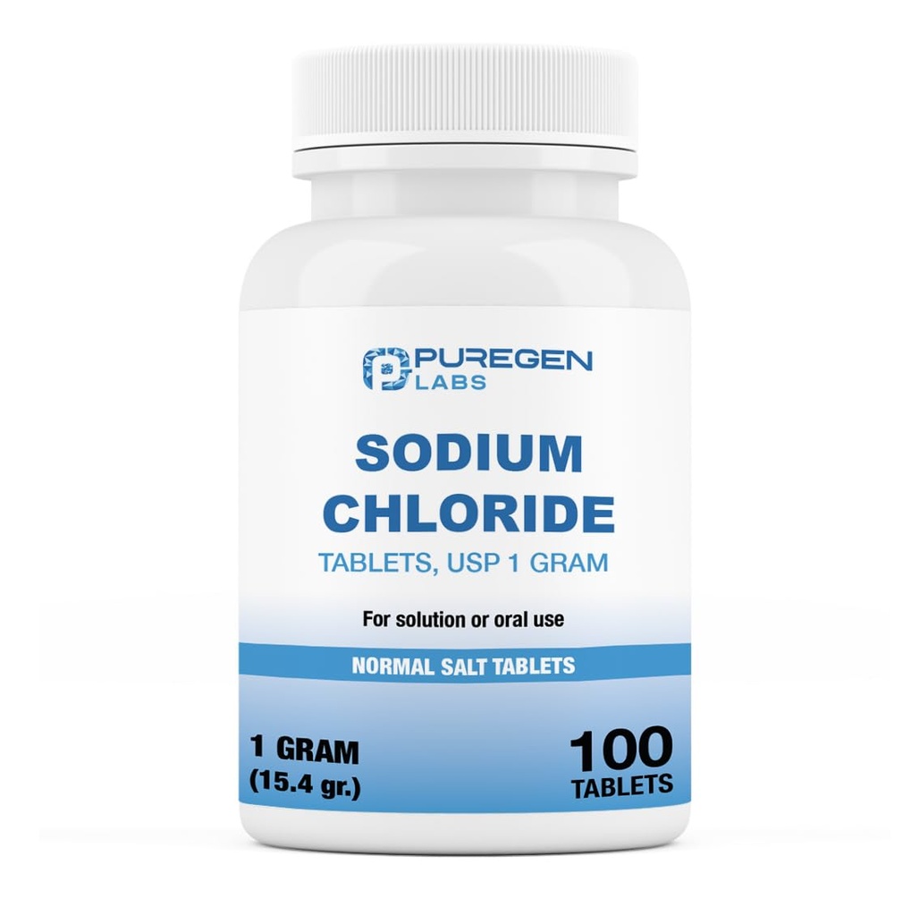Puregen Labs Sodium Chloride Tablet 1 gm (1000 מ"ג), USP | (15.4gr.) | 100 Count | 100 Count | לוחות מלח נורמליים | Made in USA | Electrolytes Replenisher hydrotion Drink