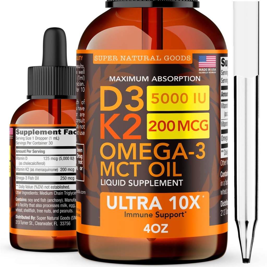 ויטמין D3 K2 נוזל טיפות 5000 IU (4oz) ויטמין D, K, שמן MCT אומגה 3 העצם, לב, משותף, תוספת תמיכה שרירים. פורמולה מהירה: 4 ב 1 מורכב פורמולה non-GMO