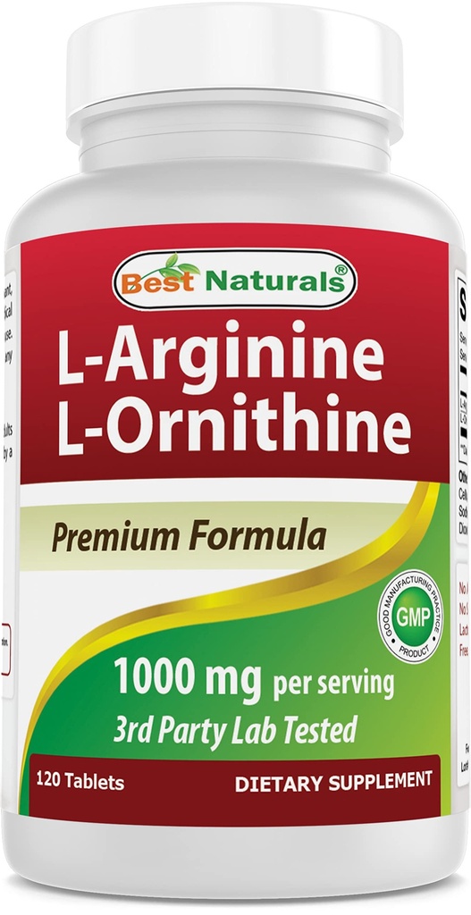Best Naturals L-Arginine L-Ornithine - 1000 מ"ג לשרת - 120 טבליות - Non-GMO & Gluten Free (120 Count)