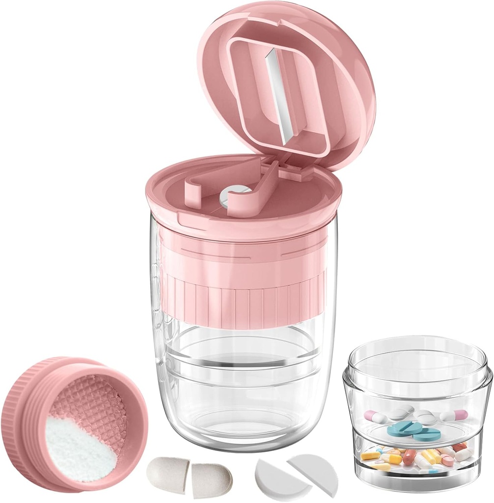 גלולת גלולת גלולה עם Dispenser, גלולת גלולות קטנות או גדולות, כדורי Crushes, ויטמינים, טבליות, Stainless Steel Blade, Removable שתיית גביע (Pink-1)