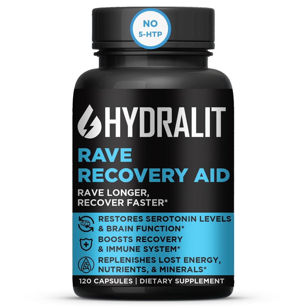 Rave Recovery ויטמינים After Party Relief Pills Music אביזרים Rave Essentials 5HTP תוסף אלקטרוליטטים הידלה Better Mornings Serotonin Energy Hangover 120 קפסולות
