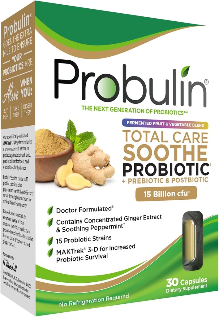 Probulin Total Care Soothe Prebiotic, Probiotic ופוסטביוטיקה + ג'ינג'ר & Mint for Digestive Soothing - 15 מיליארד CFU - 15 סטרינס - 30 קפסולות טבעוניות