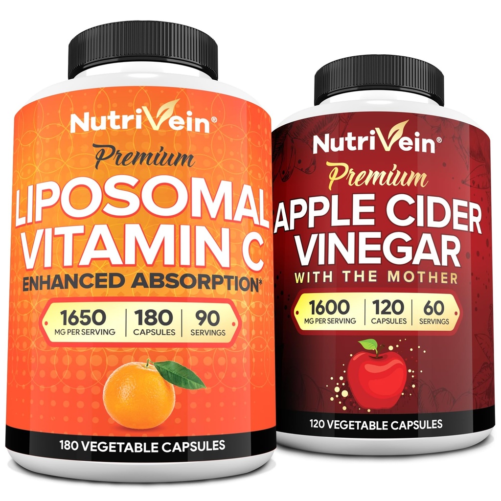 מזון מזינים Premium Apple Cider Vinegar כמוסות & Liposomal ויטמין C תוסף Bundle: High-Absorption ויטמין C קפסולות ו-Apple Cider Vinegar תוספי Bundle for Immune Defenses & Gut Health