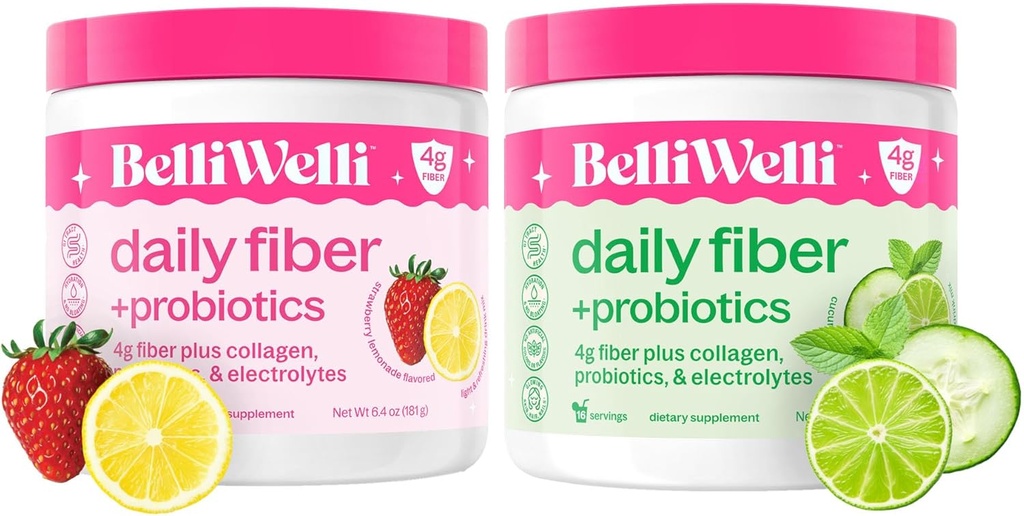 Belli Welli Daily סיבים תוסף Duo - Strawberry Lemonade & Cucumber Lime Mint - עם Collagen, Probiotics & Electrolytes - רעננים עבור איזון בריאות - 32 המשרתים Total המשרתים