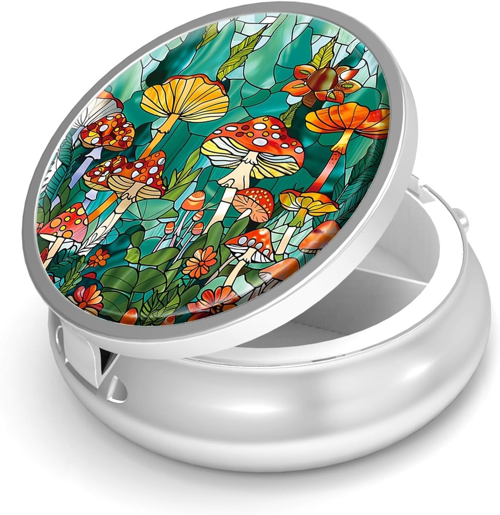 גלולת גלולת גלולות 3 עבור Purse & Pocket Mini Metal Pill Holder Travel Piller מכיל גלולותer כדי להחזיק תוספי ויטמינים BPA חינם (Mushroom Forest)