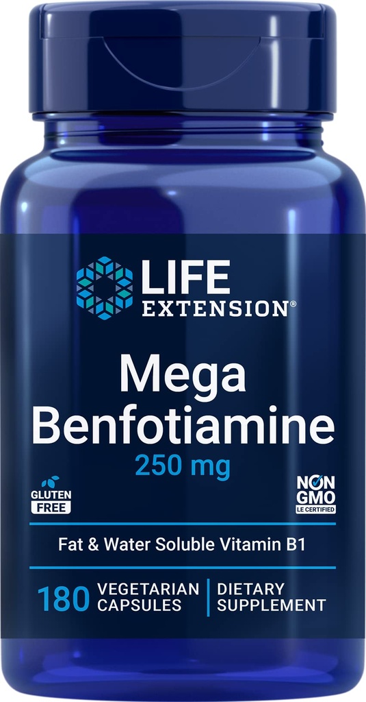 תוחלת החיים Mega Benfotiamine, 250 מ"ג, 180 Veg caps with Thiamine - ויטמין B1 תוסף