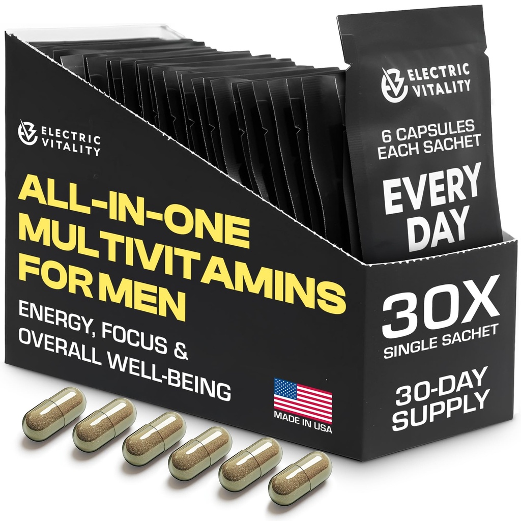Multivitamins for Men - All in One Pack for Energy and Focus, Mens ויטמינים עבור ביצועי נפש ובריאות, ארוז עם טונגקאט עלי, Shilijit, ויטמין C, B3, B1, A, B12, 30 Pk