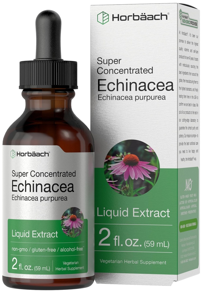 Horbaach Echinacea Drops Herb Tincture | 2 fl oz | Super Concentrated Root Extract; אלכוהול חינם נוזל | Vegetarian, non-GMO &ten Free